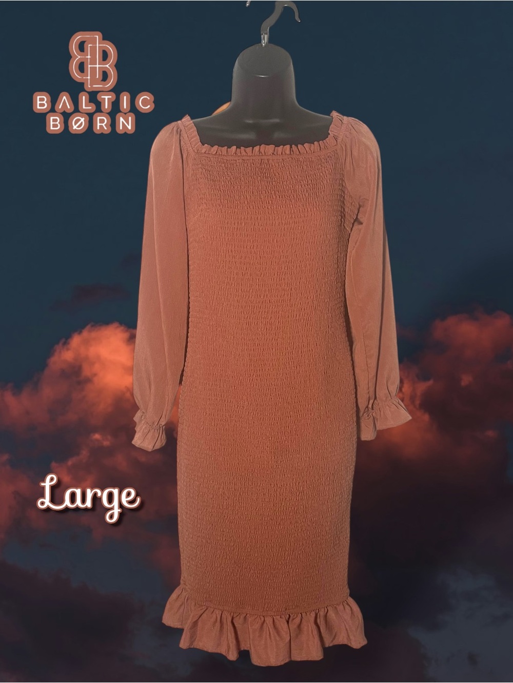 Baltic Born Smocked Midi Dress Rust Terracotta Large